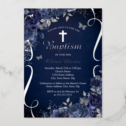 Boy Navy Silver Floral Butterfly Baptism  Foil Invitation