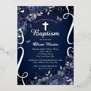 Boy Navy Silver Floral Butterfly Baptism Foil Invitation