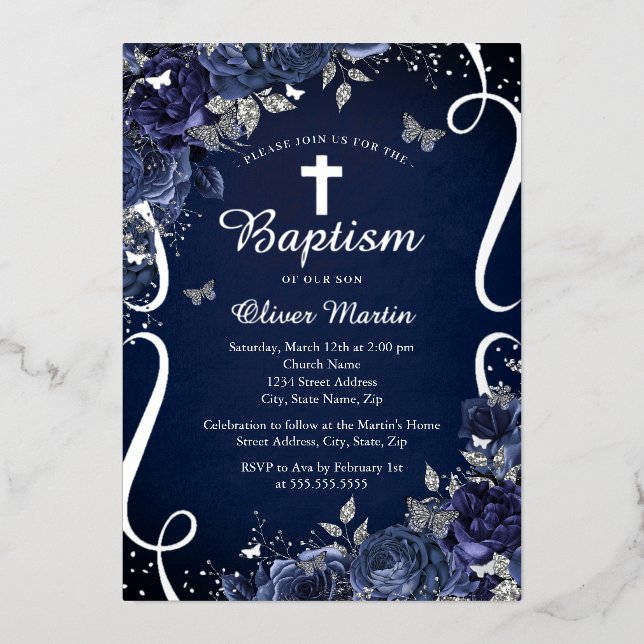 Boy Navy Silver Floral Butterfly Baptism  Foil Invitation (Front)