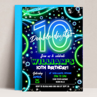 Boy Neon 10th Birthday Invitation Double Digits