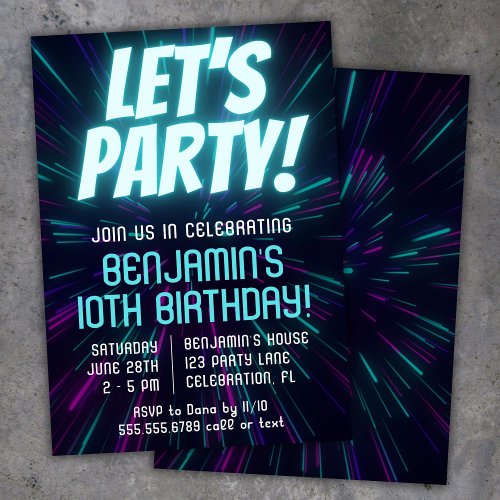 Boy Neon Blue Birthday Party Invitation