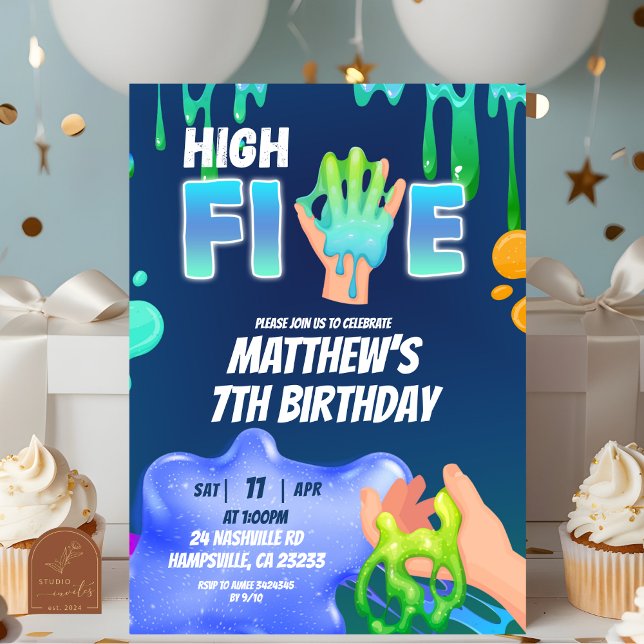 Boy Neon Blue Green Slime High Five Invitation (Creator Uploaded)