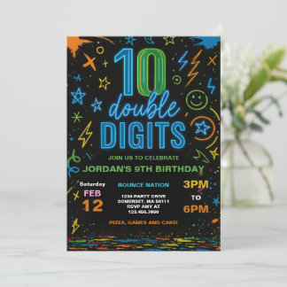 Boy Neon Double Digits 10th Birthday Party Invitation