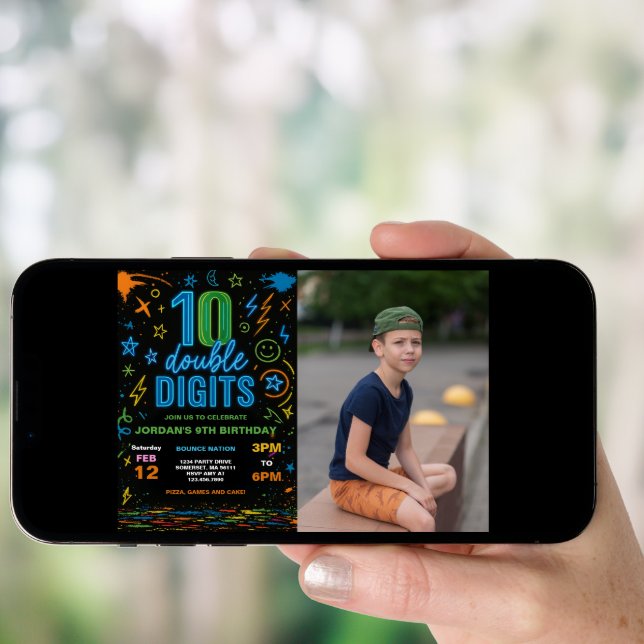 Boy Neon Double Digits 10th Birthday Party Photo Invitation (Front Digital)