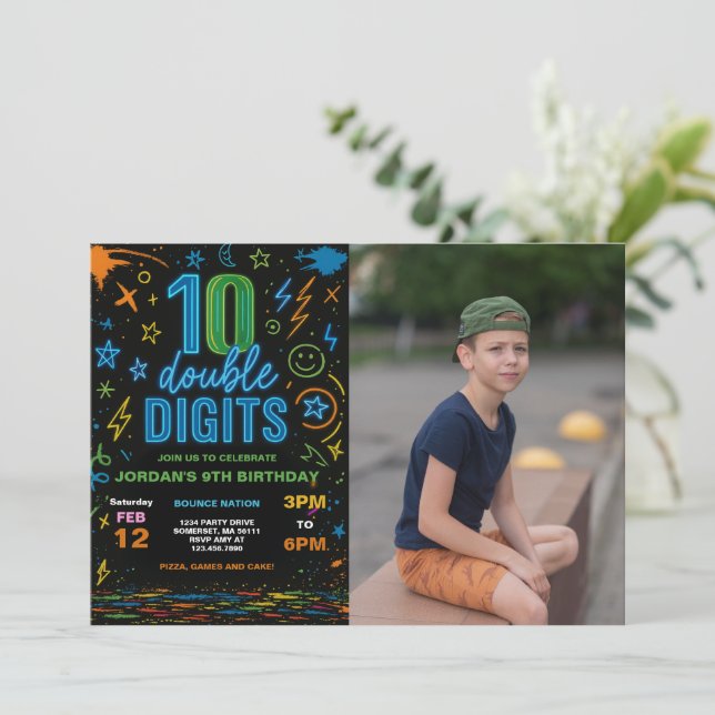Boy Neon Double Digits 10th Birthday Party Photo Invitation (Standing Front)