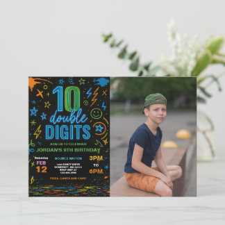Boy Neon Double Digits 10th Birthday Party Photo Invitation