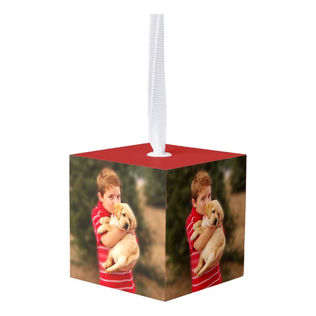 Boy & New Puppy for Christmas Cube Ornament (Back Angled)