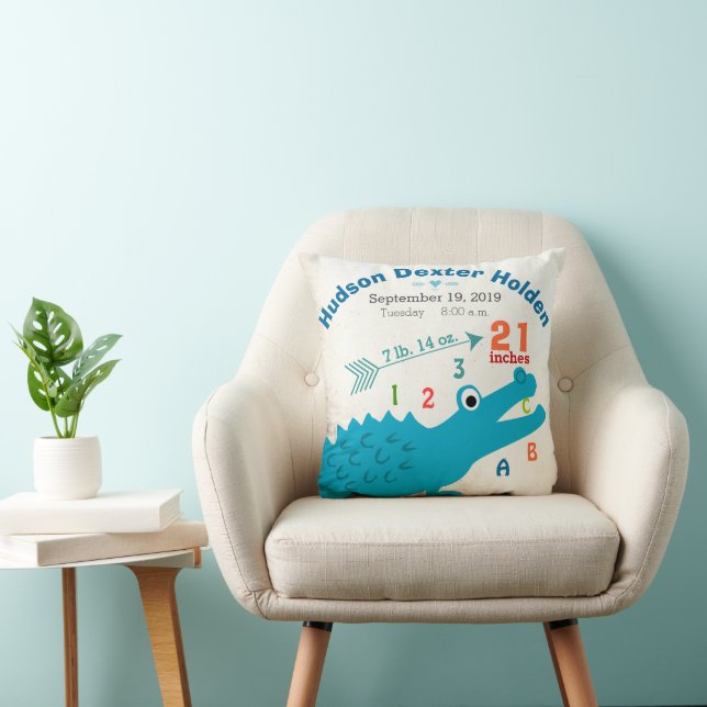 Boy Nursery Baby Birth Stat Alligator Cute Arrow Throw Pillow (Chair)