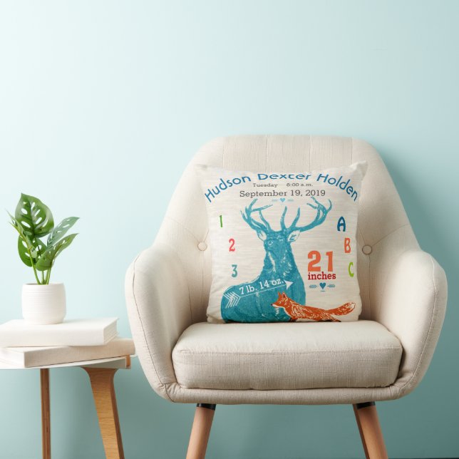Boy Nursery Baby Birth Stat Fox Deer Arrow Throw Pillow (Chair)