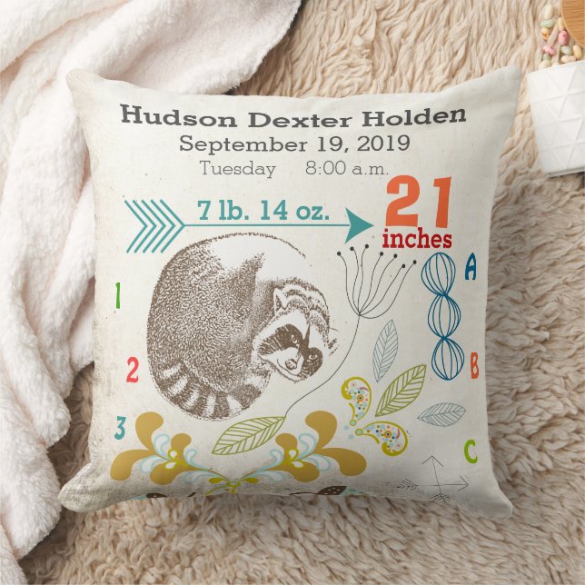 Boy Nursery Baby Birth Stat Raccoon Arrow Pattern Throw Pillow (Blanket)
