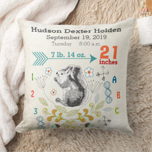 Boy Nursery Baby Birth Stat Squirrel Arrow Pattern Throw Pillow
