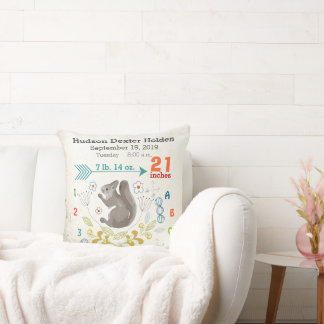 Boy Nursery Baby Birth Stat Squirrel Arrow Pattern Throw Pillow