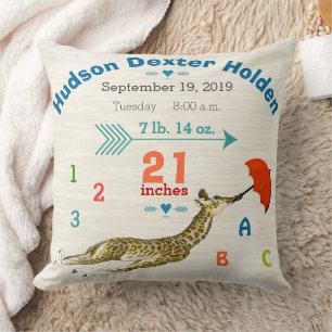 Boy Nursery Baby Birth Stats Giraffe Arrow Pattern Throw Pillow