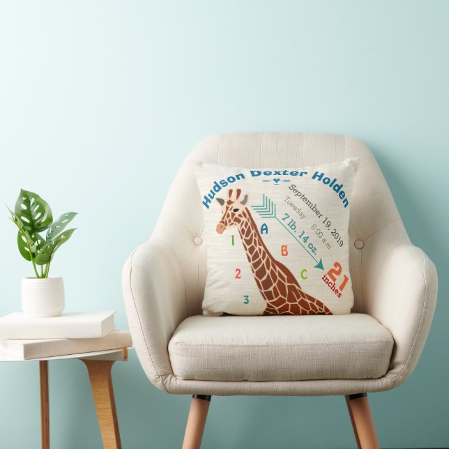 Boy Nursery Baby Birth Stats Giraffe Arrow Pattern Throw Pillow (Chair)