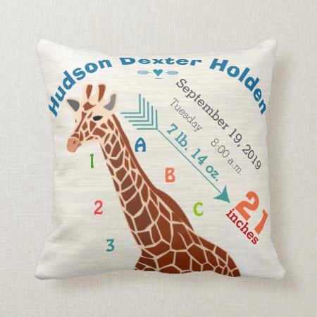 Boy Nursery Baby Birth Stats Giraffe Arrow Pattern Throw Pillow