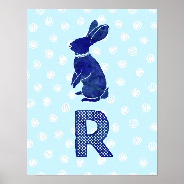 Boy Nursery Decor Rabbit Letter R Blue Dots (Front)