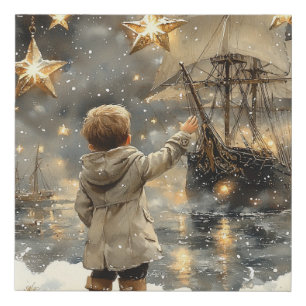 Boy Nursery Winter Ship Stars Faux Canvas Print