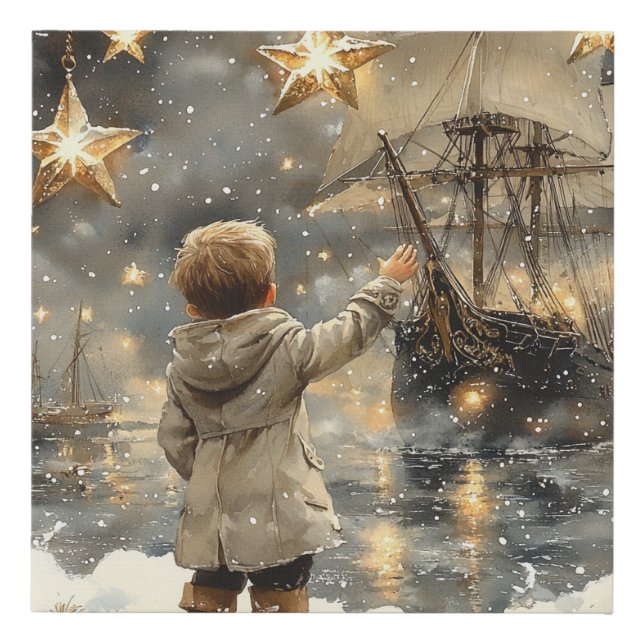 Boy Nursery Winter Ship Stars Faux Canvas Print (Front)