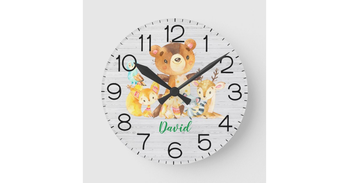 Boy Nursery Woodland Forest Animals Rustic Cute Round Clock | Zazzle