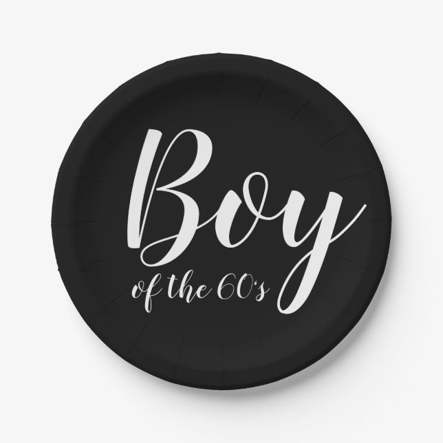 Boy of the Sixties 1960s Typography Black White Paper Plates (Front)