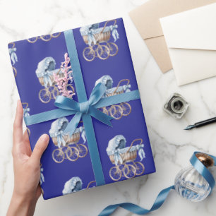 Boy oh Boy Blue Baby Carriage Wrapping Paper