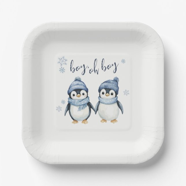 boy oh boy winter baby shower paper plates (Front)