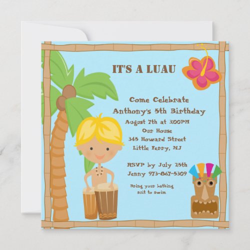Boy on Bongo Luau Square Birthday Invitation