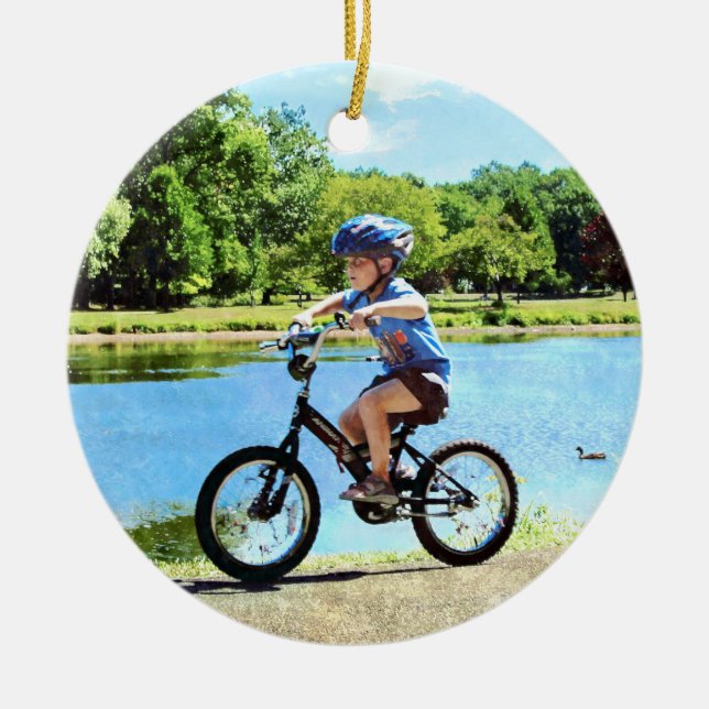 Boy on His Bicycle Ceramic Ornament (Front)