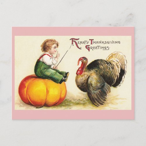 Boy on Pumpkin and Turkey Vintage Thanksgiving Holiday Postcard