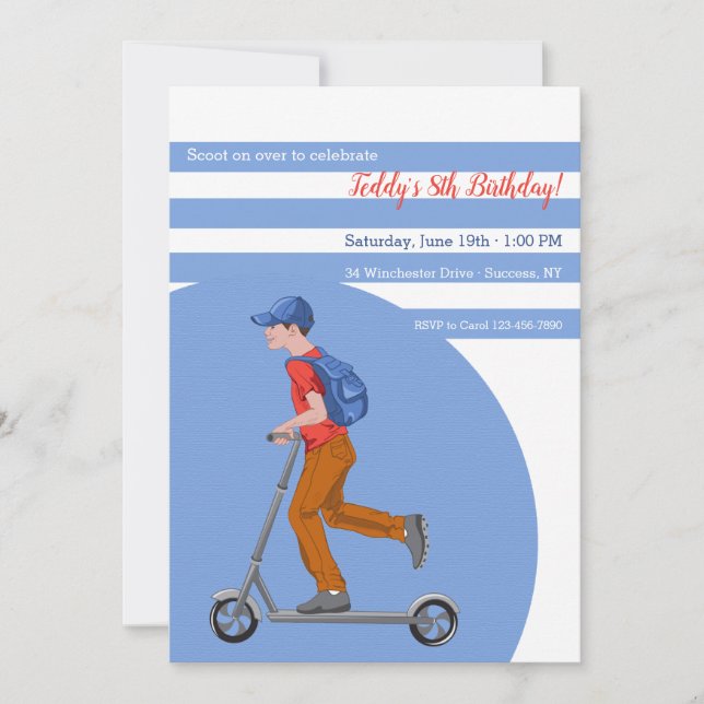 Boy on Scooter Birthday Party Invitation (Front)