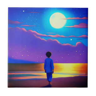 Boy on the Beach, Gazing at the Moon Ceramic Tile