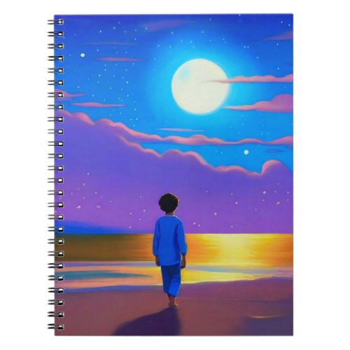 Boy on the Beach Gazing at the Moon Notebook