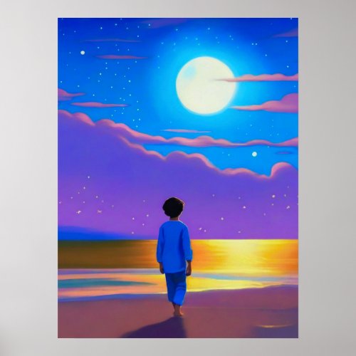Boy on the Beach Gazing at the Moon Poster