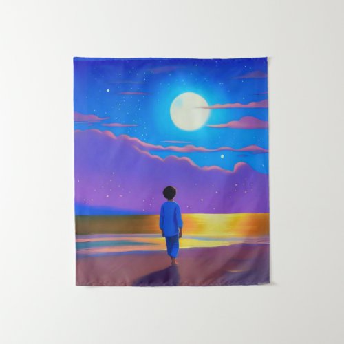 Boy on the Beach Gazing at the Moon Tapestry