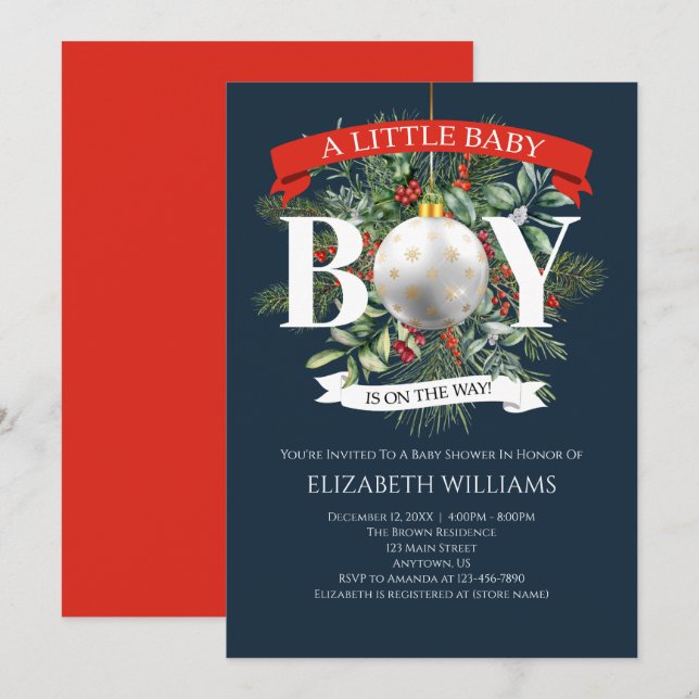 Boy On The Way Christmas Greenery Baby Shower Invitation (Front/Back)