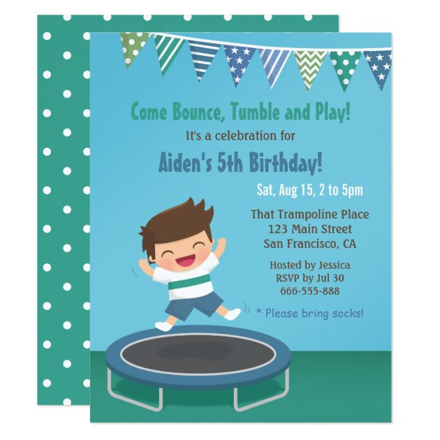 Boy On Trampoline Kids Birthday Party Invitations