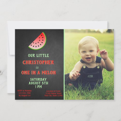 Boy One In A Melon 1st Birthday Green Invitation