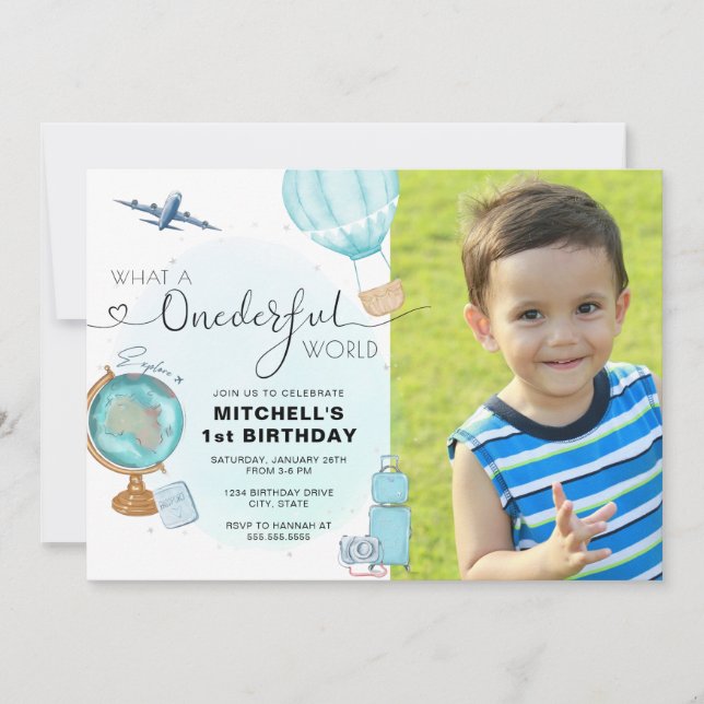 Boy ONEderful Hot Air Balloon First Birthday Invitation (Front)