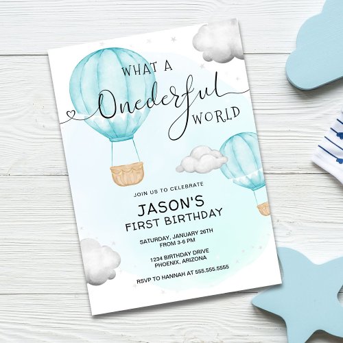 Boy ONEderful World Hot Air Balloon First Birthday Invitation