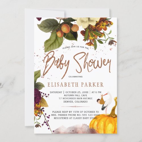 Boy or girl autumn fall rusty floral baby shower invitation