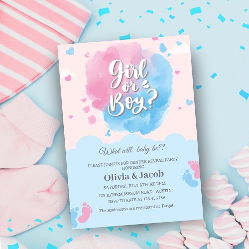 Boy or girl baby feet gender reveal party invitation