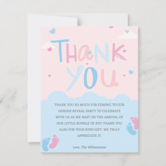 Boy or girl baby feet gender reveal party thank you card (Front)