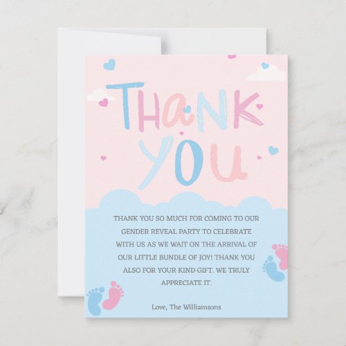 Boy or girl baby feet gender reveal party thank you card