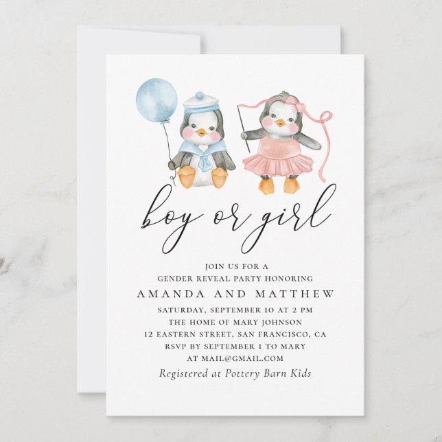 Boy or Girl | Baby Gender Reveal with Penguins Invitation (Front)