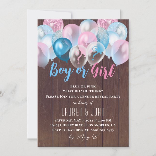Boy or Girl Balloon Gender Reveal Invitation (Front)