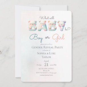 Boy or Girl Bear Colorful Gender Reveal Party Invitation
