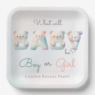Boy or Girl Bear Colorful Gender Reveal Party Paper Plates
