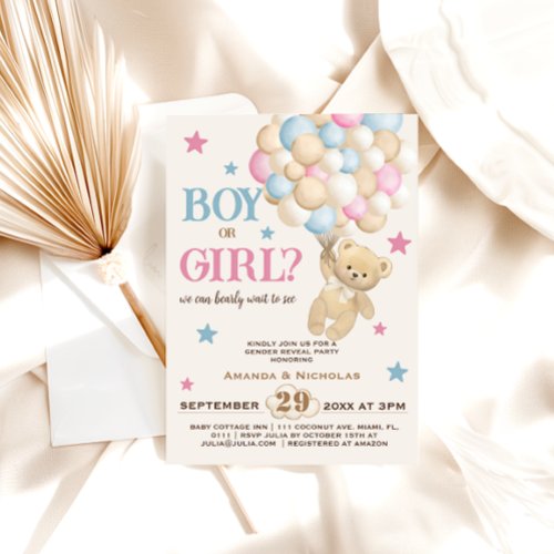 Boy Or Girl Bear With Balloons  Stars Pink Blue Invitation