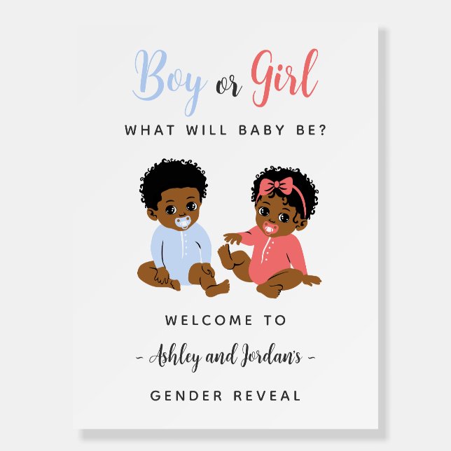 Boy or Girl Black Baby Pink Blue Welcome Sign (Front)