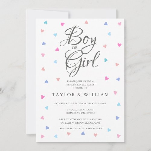 Boy Or Girl Blue Pink Hearts Gender Reveal Party Invitation